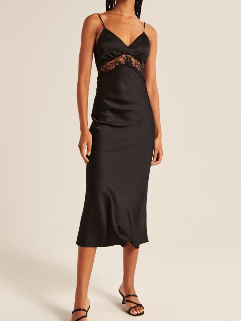 NWT Abercrombie Black Lace-Trim Satin Slip Midi Dress in Medium Petite